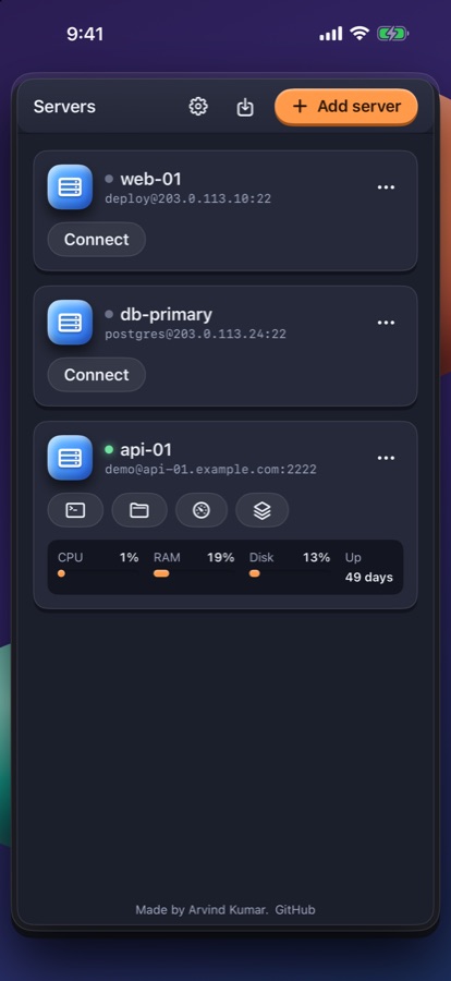 Clayshell on iPhone: the server list