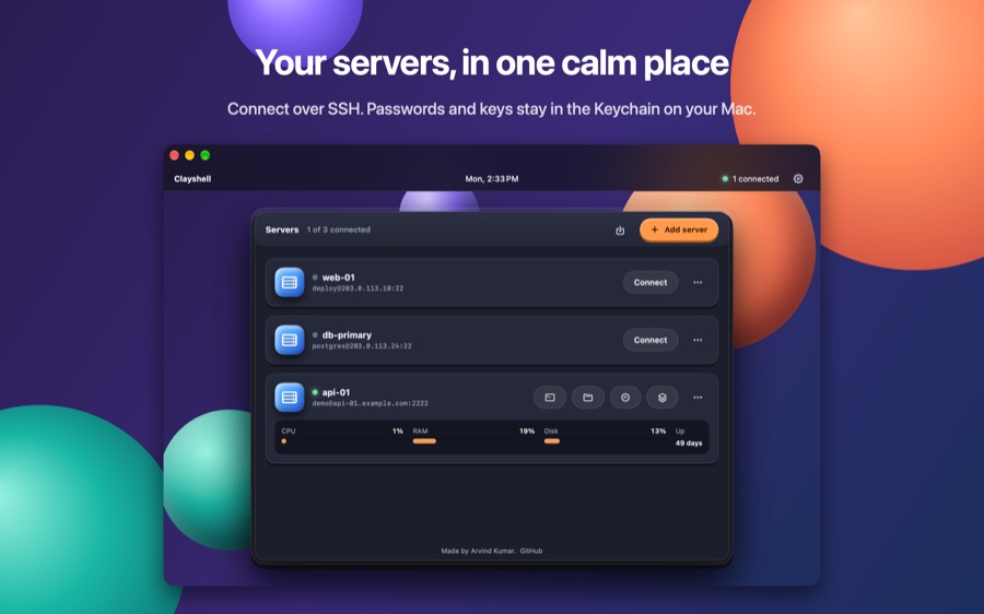 Clayshell on the Mac: the server list with three servers, one connected